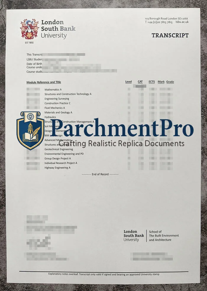 purchase realistic London South Bank University Transcript